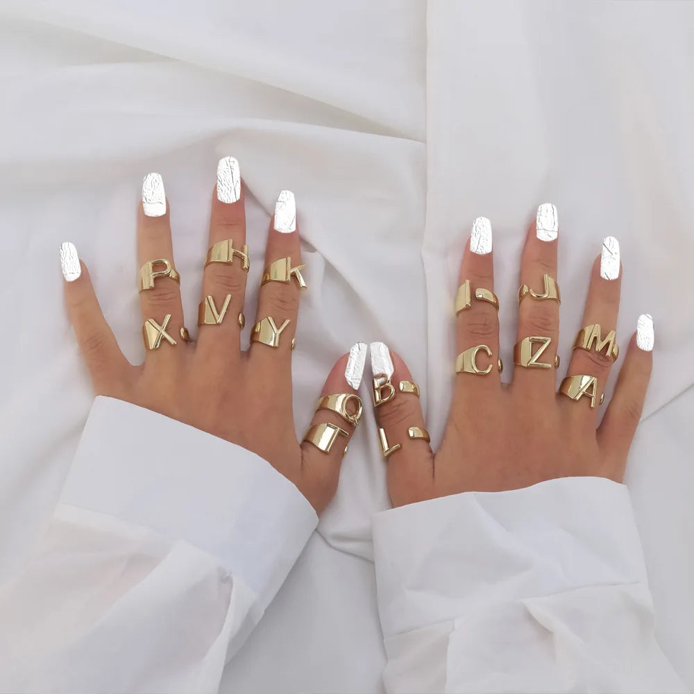 Tiktok Korean Gold Thumb Rings Trendy Thick Open Rings Personality Exaggerated 26 Letter Rings for Women