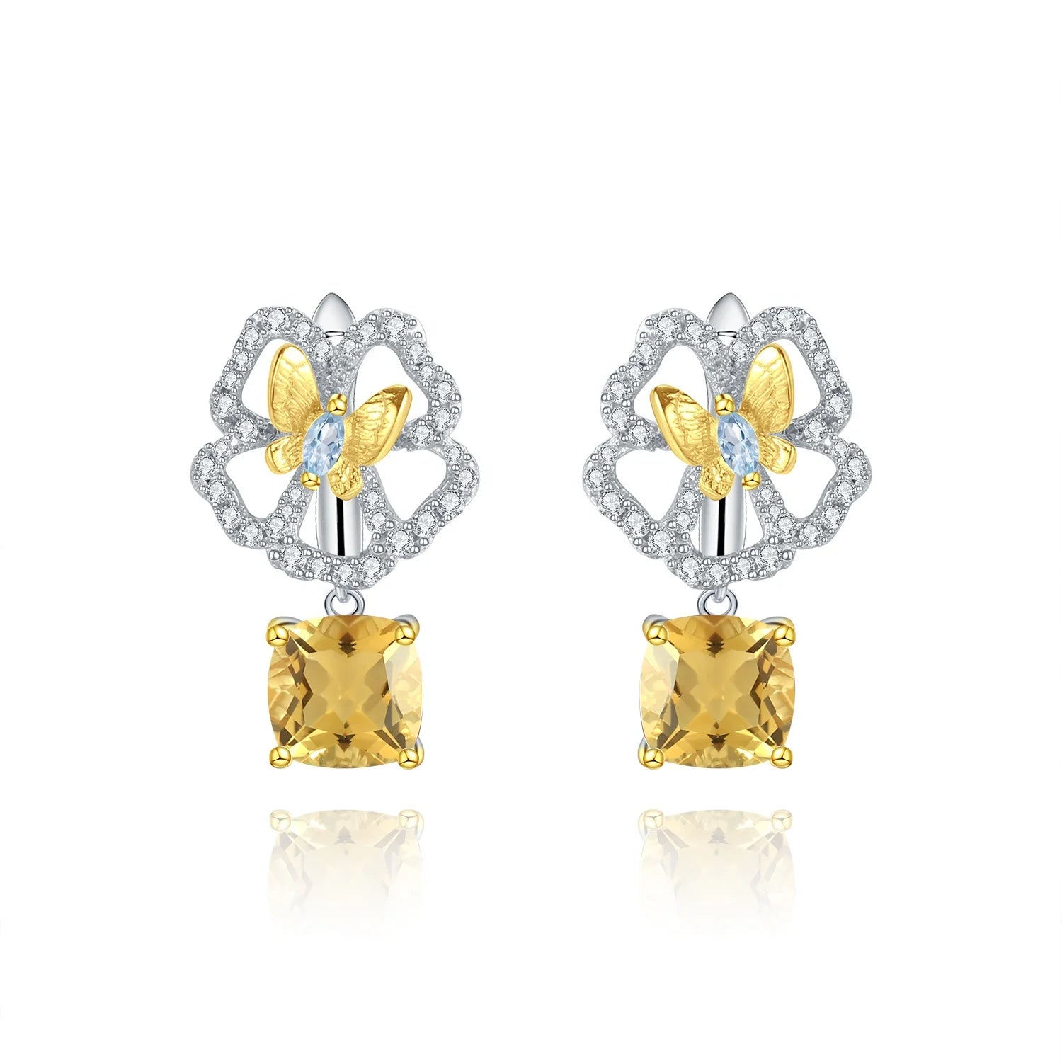 C8229 Abiding Gold Plated Butterfly Natural Citrine Sky Blue Topaz 925 Sterling Silver Flower Earrings Women Jewelry for Bridal