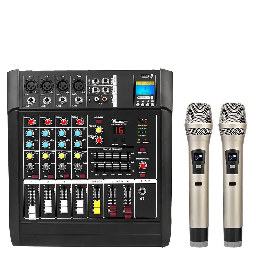 Depusheng GM4X Hot Selling 4-way Powerful Amplifier Mixing Console with 2 Handheld Wireless Microphone
