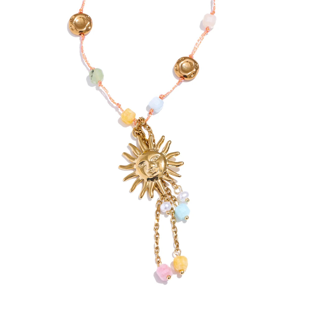 JINYOU 5420 Natural Pearl & Stone Beads Handmade Sun Charm Necklace 18k Gold Plated Stainless Steel Pendant Necklace for Women