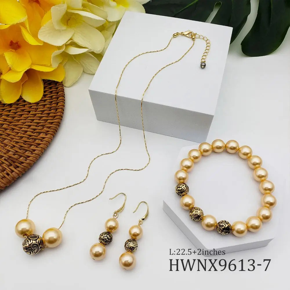 Fashion Hawaiian Women Jewelry Gold Plated Jewelry Set Luxury Waterproof Pearl Beads  Necklace