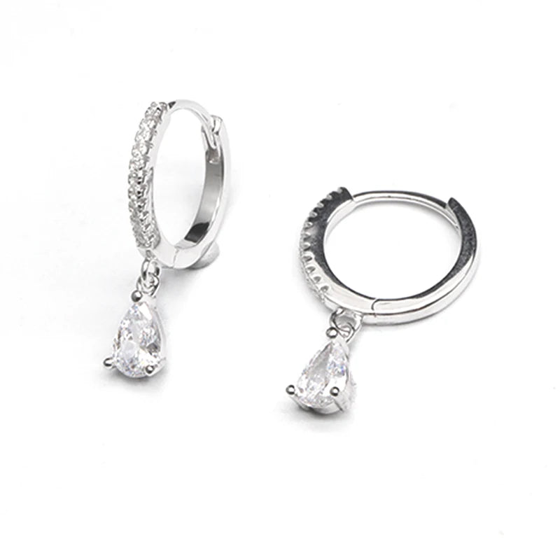 Fine Jewelry Colorful Zircon Teardrop Hoop Earrings 925 Sterling Silver Green Blue CZ Pendant Water Drop Earrings