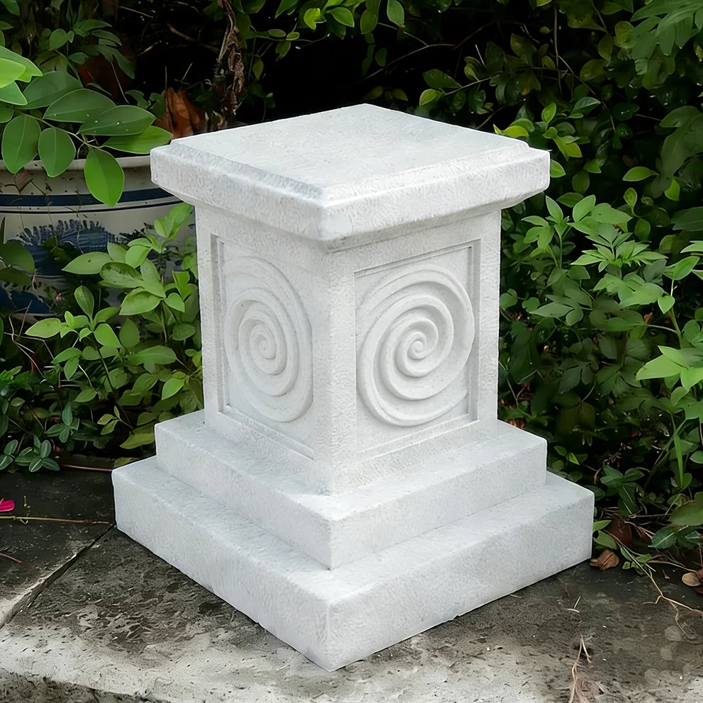 Classical Spiral Relief White Resin Plant Stand Three-Tiered Square Pot Holder with Curved Edges and Floral Carvings