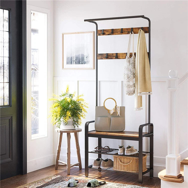Nordic Mobile Wooden Coat Rack Multifunctional Floor Entryway Metal Stand for Clothes Shoes Coats