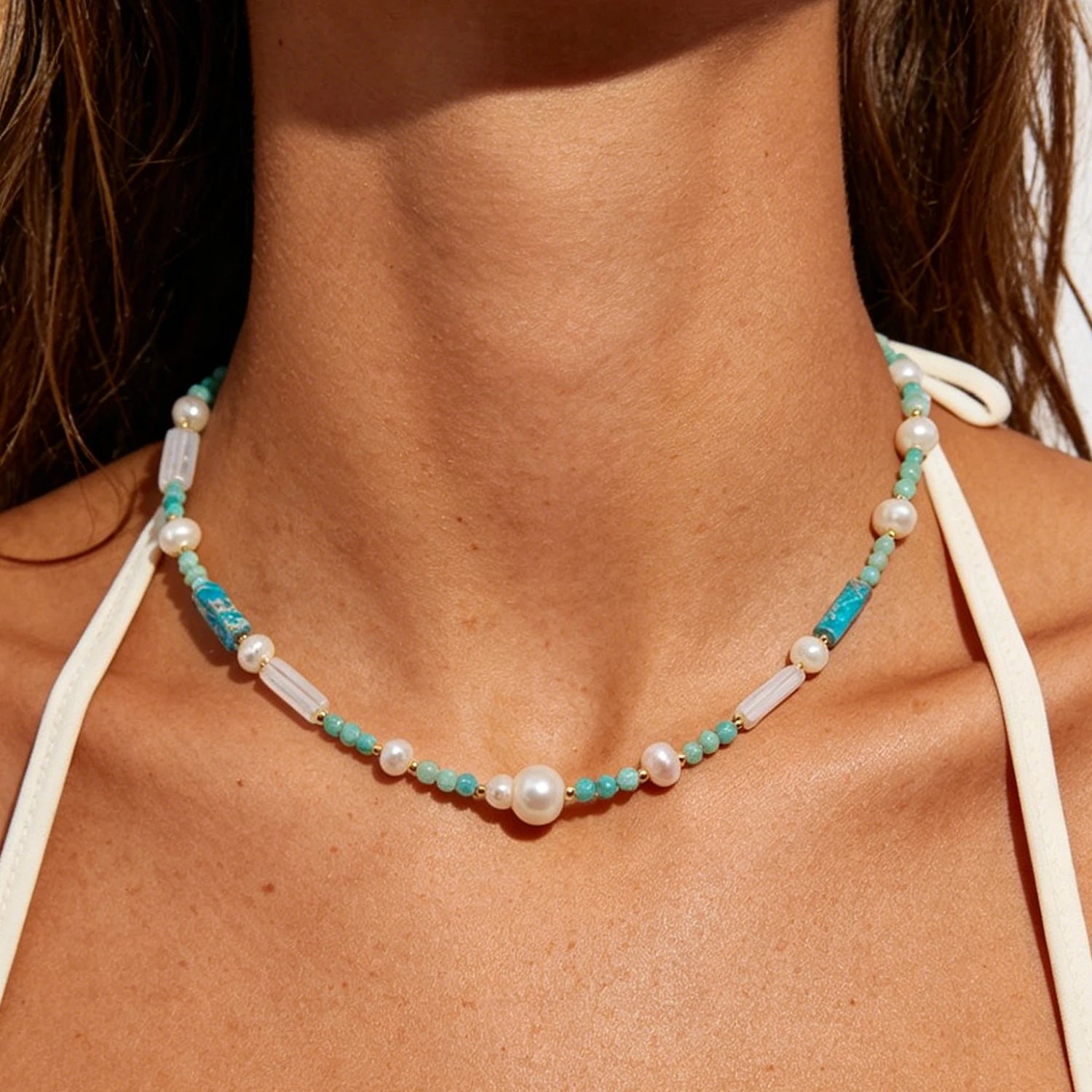 Original Design Handmade Freshwater Pearl Natural Stone Beaded Choker Necklace Jewelry for Women