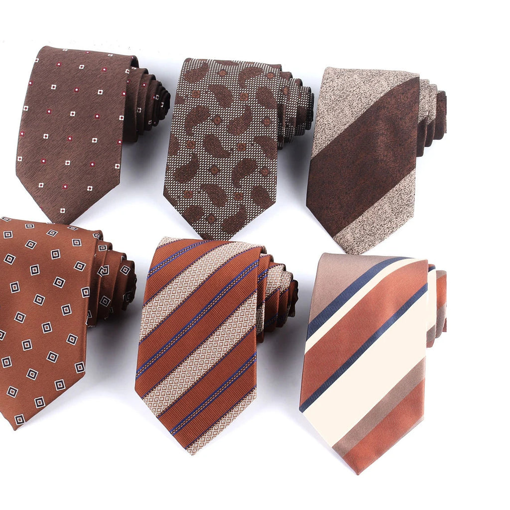 8CM Stripe Brown Gold Tie for Men Business Stripe Long Man Tie Polyester Silk Neckties in China
