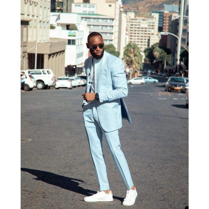 Beach Light Blue Groom Men Wedding Tuxedos 2 Pieces Long Outfits Costume Homme Mariage Party Prom Blazer Wear