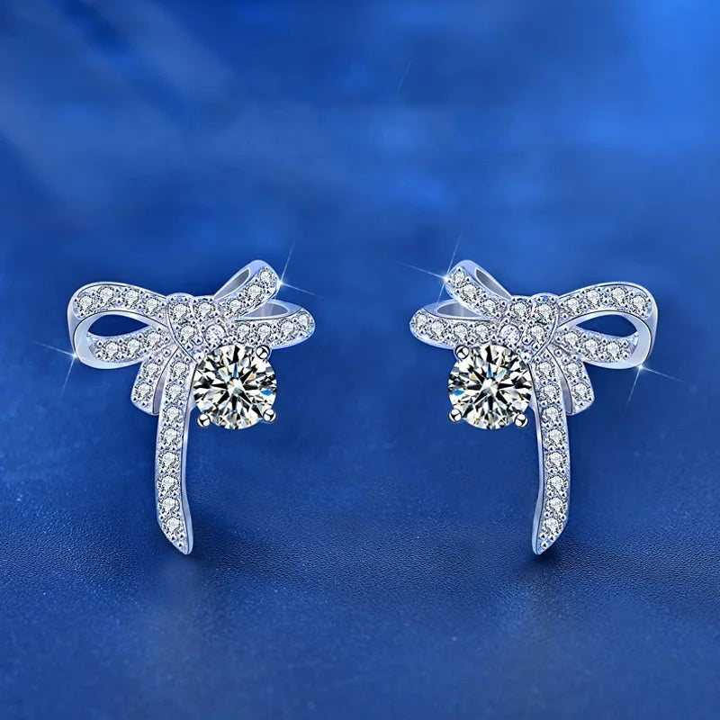 XEA004 Elegant Fashion Designer Wedding Fine Jewelry 925 Sterling Silver 0.5ct Moissanite Bow Stud Earrings for Women
