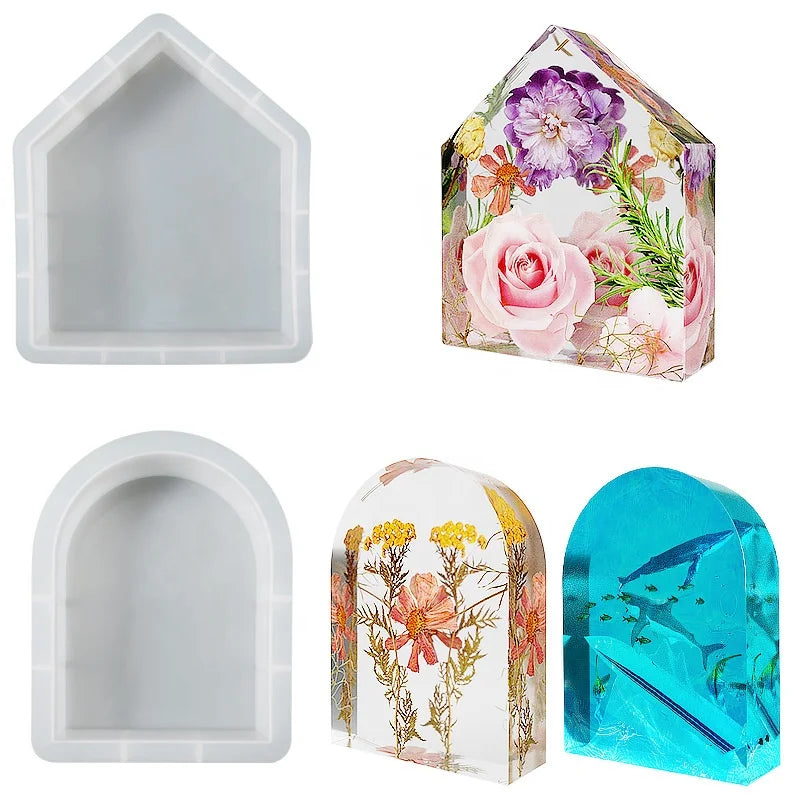DM480 DIY Geometric Cube Night Light Bookend Mould Crystal House Arch Shape Specimen Silicone Mold for Flowers Preservation