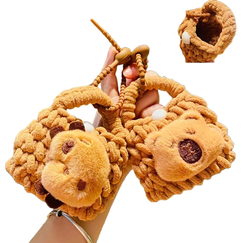 Cute Plush Capybara Keychain Knitted Earphone Storage Bag Stuffed Animal School Bag Pendant Backpack Decoration Crochet Keychain