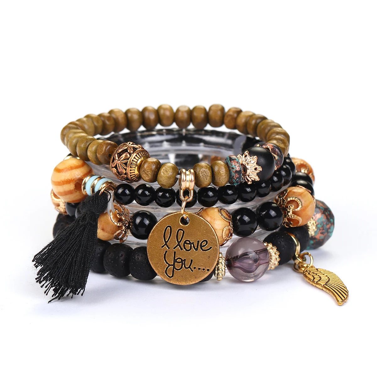 Factory Direct-Sale Boho Beaded Bracelet Bodhi Multi-Layer Wing Tassel Wooden Beads Jewelry Set Women