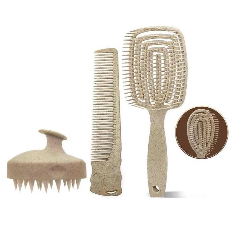 Custom Promotion Eco-Friendly Wheat Straw Silicone Hair Brush Set Scalp Massager Shampoo Comb with Detangler for Styling