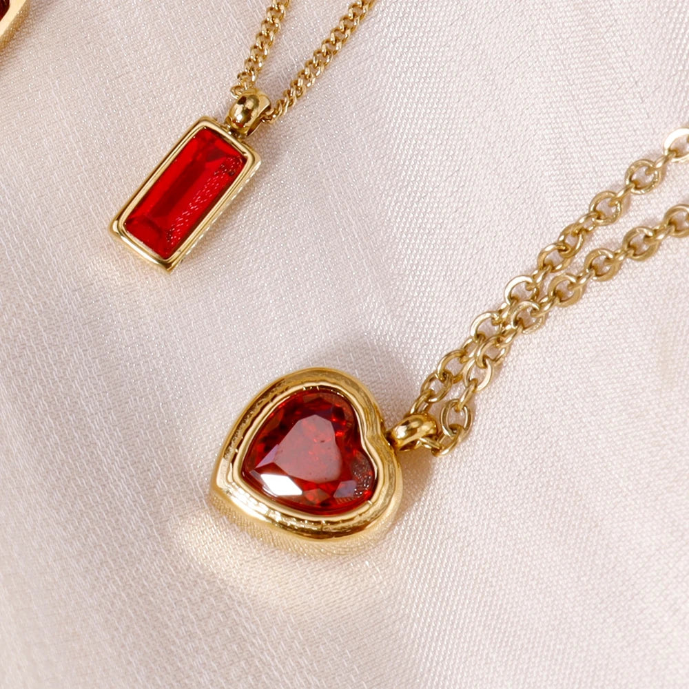 Trendy Red Zircon Crystal Pendant Stainless Steel Necklace Luxury Exquisite Women Wedding Jewelry Valentine's Day Gift