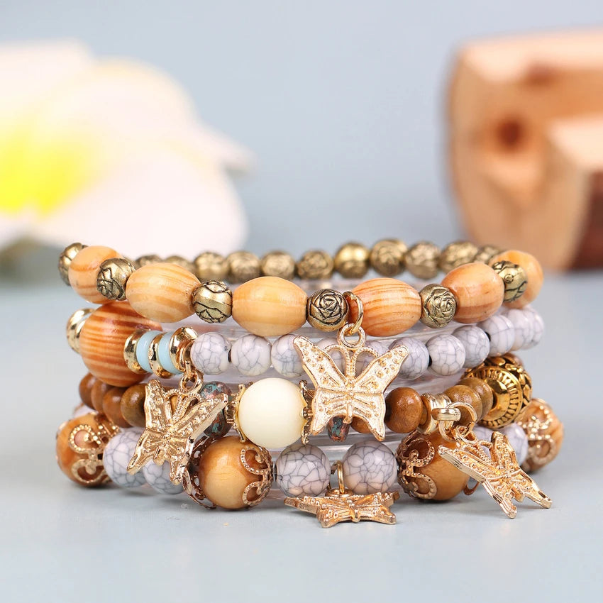 MC331 Wholesale Boho 4pcs Multilayer Butterfly Charm Pendant Bracelet Wooden Beads Bracelet Set Stretch Bracelet for Women Girls