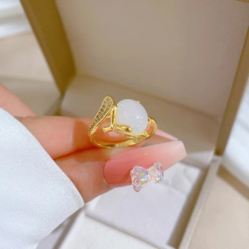 GT Chinese Style Classic 18k Gold Plated Fox Zircon Ring Opening Crystal Agate Geometric Ring