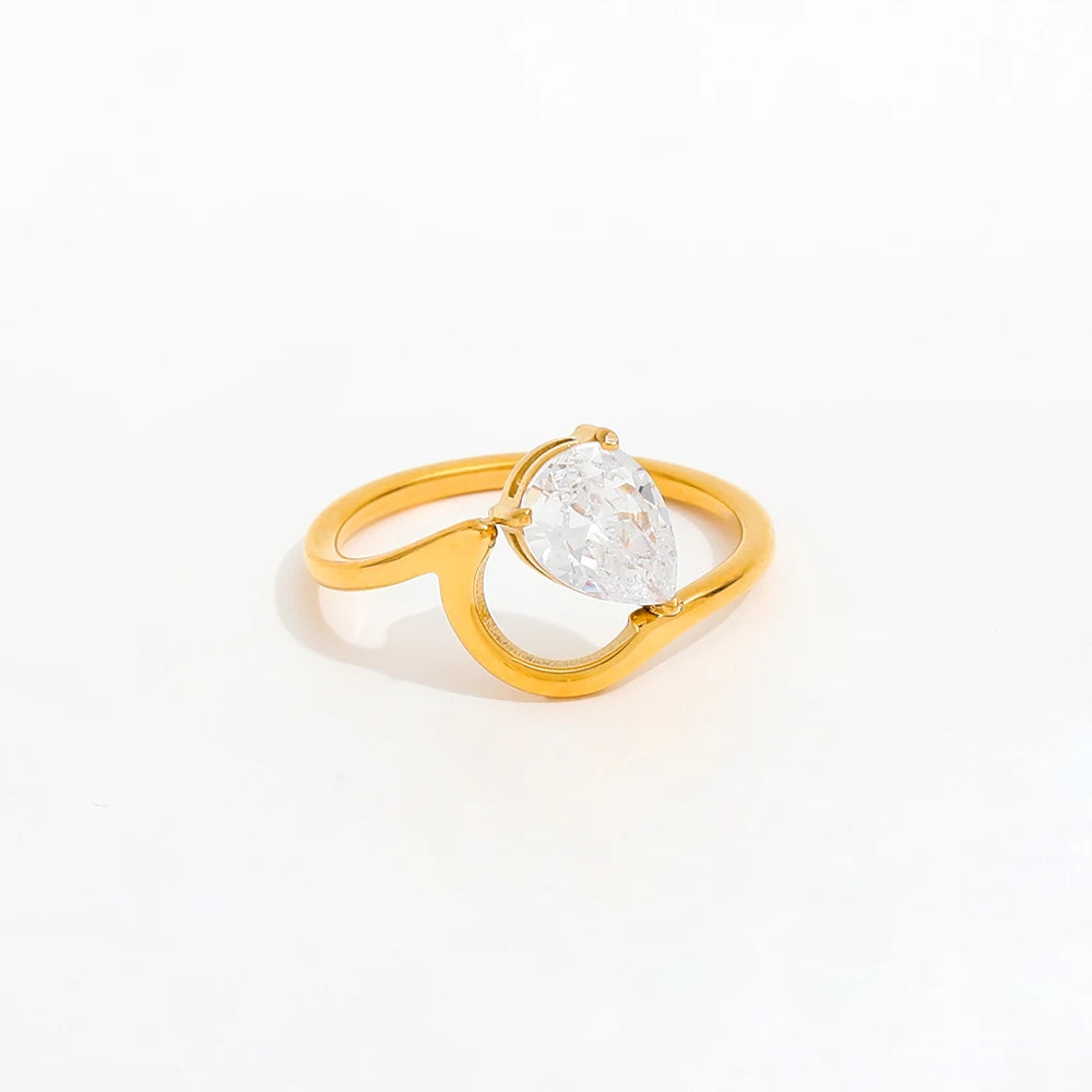 High End 18K Plain Gold Water Drop Zirconia Irregular Lines Rings Stainless Steel Trendy Simple Gold Plated Jewelry
