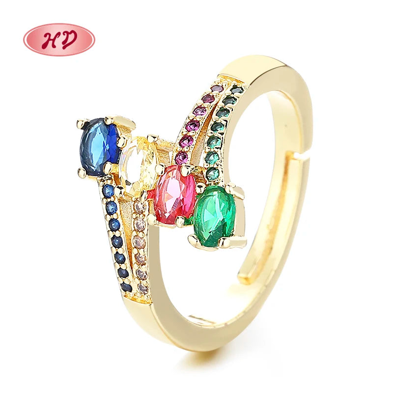 Enchanting Rainbow Wholesale Colorful Zircon 18K Gold Plated Fashion Jewelry Rings for Women