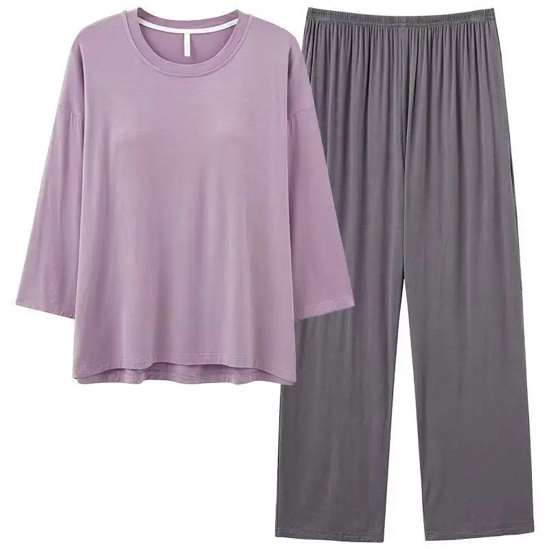 Plus Size Two-piece Milk Cotton Long Sleeve Women's Sleepwear With Bra Pad Home Wear Set