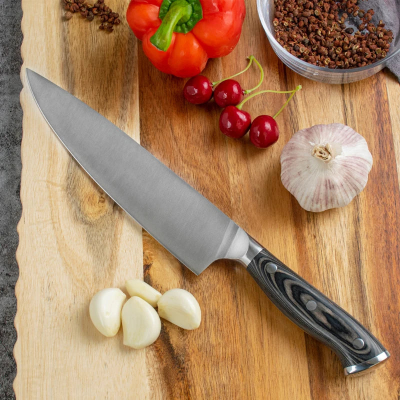 8 Inch 5Cr15 Stainless Steel Kitchen Chef Knife with Ergonomic Pakka Wood Handle High-Polish Finish Ambidextrous Design