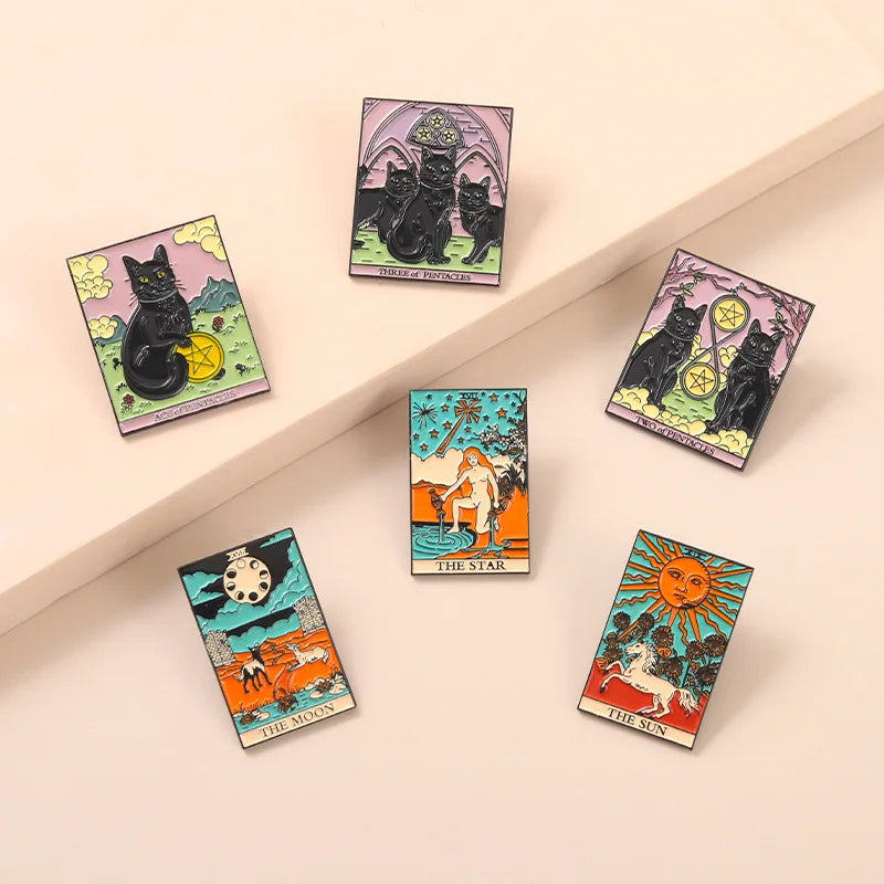 New Products Black Cat Metal Badge  Gemini Brooch White Horse Tarot Card Pin Soft Enamel Pins With Rubber Back