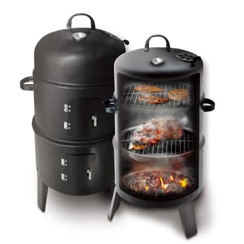 3-in-1 3-Layer Tower Vertical Charcoal BBQ Grill Smoker 3-in-1 Smoked Barrel with Carbon Steel and Iron Material