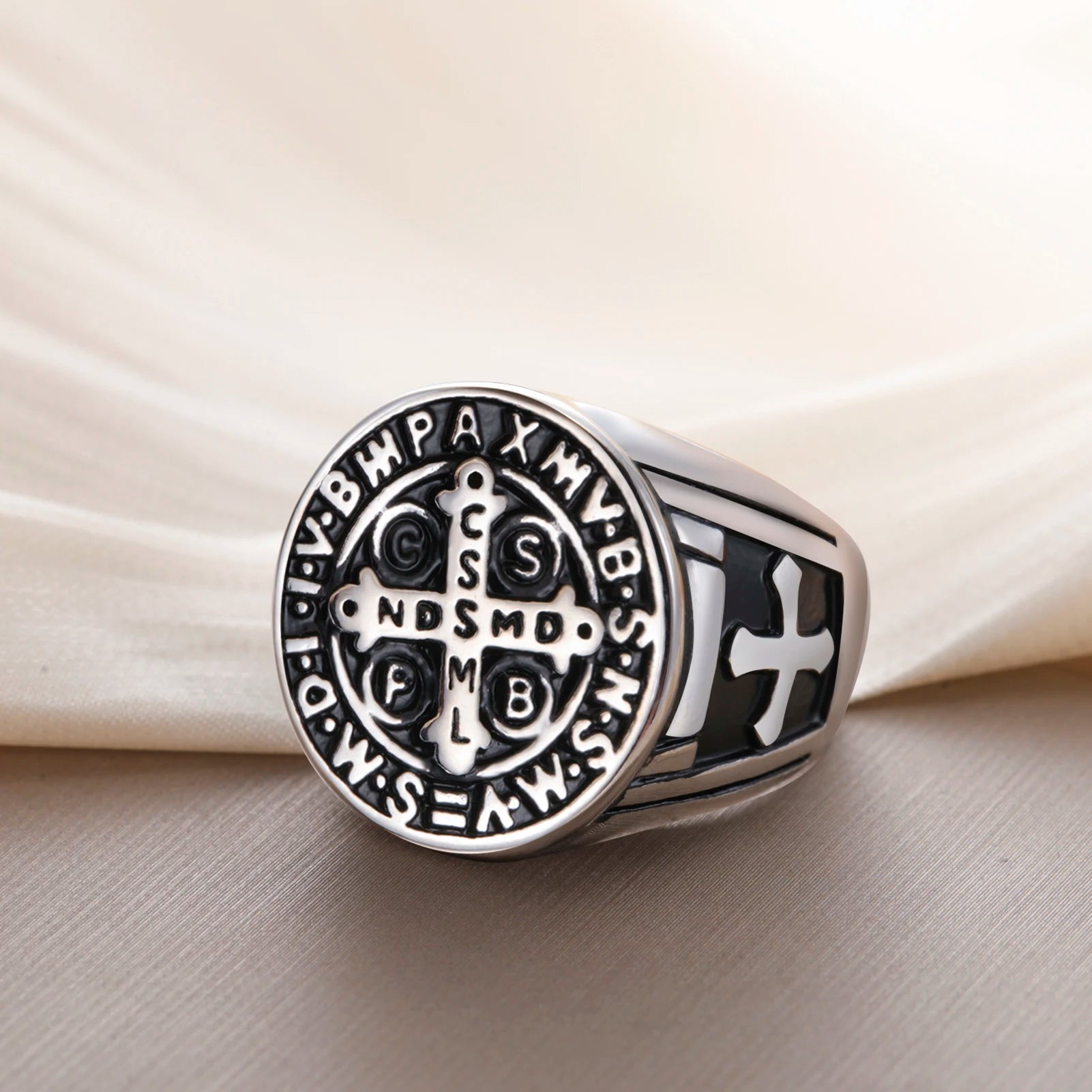 Stainless Steel Religious Saint Benedict Cross Ring Men's Atmospheric Cast Punk Fine Jewelry Ring Amulet Jewelry Ring for Men