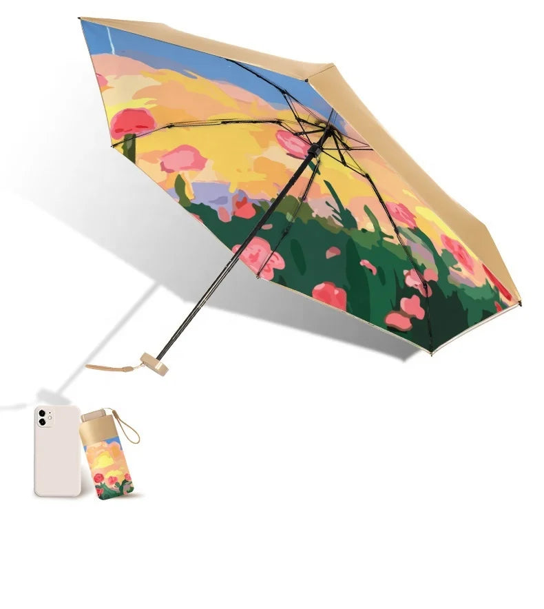 Gift Paraguas Portable Pocket Size Small Capsule Sun Golden Coating Custom Oil Painting Mini 5 Folding Umbrella with Logo