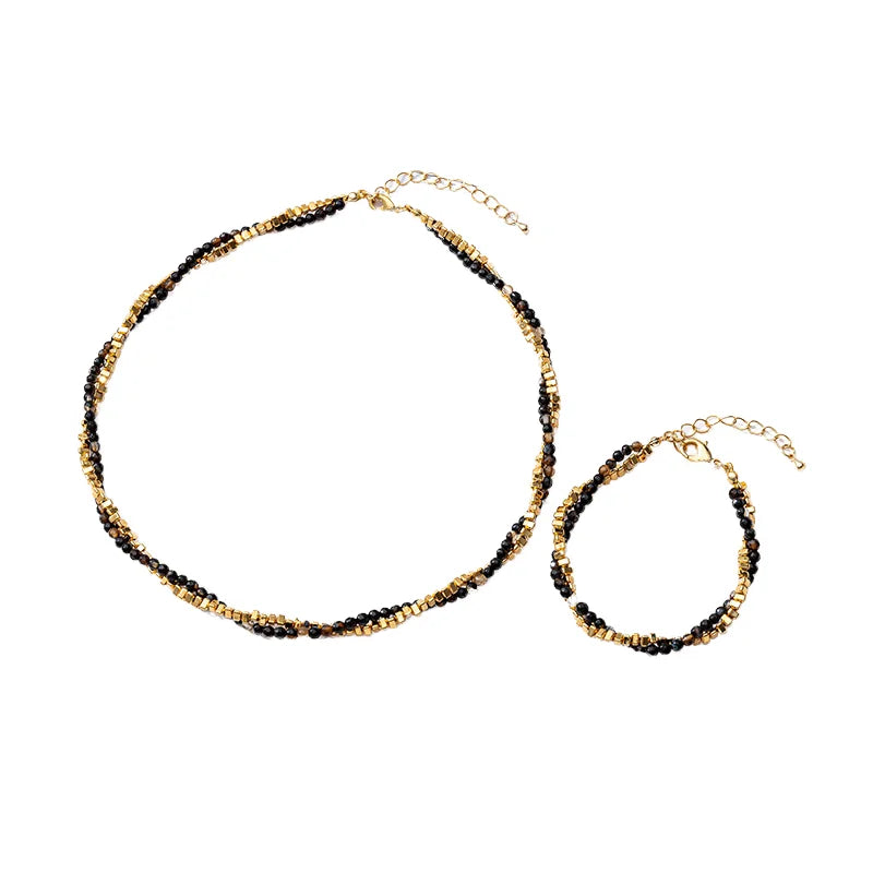 Shescity Trendy Fashion Vacation Style Designer Necklace Bracelet Stainless Steel Agate Stacking Jewelry Set for Women