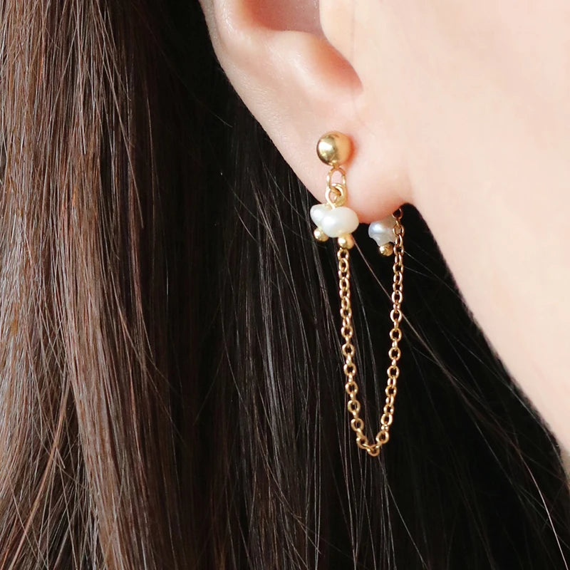 Dangling Chain Earrings Stainless Steel 18K Gold Plated Hypoallergenic Freshwater Pearl Chain Stud Earrings Jewelry for Gifts
