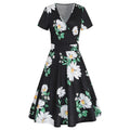 Elegant V-neck Women High Waist Floral Print Female  Lady Summer Short Sleeve Wrap Casual Dress