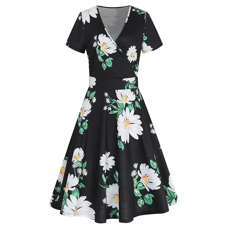 Elegant V-neck Women High Waist Floral Print Female  Lady Summer Short Sleeve Wrap Casual Dress
