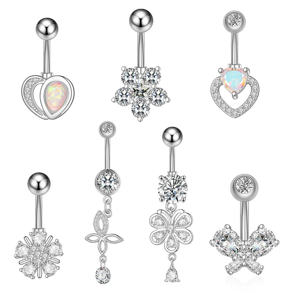 ZF Belly Button Rings Butterfly Navel Piercing Jewelry Heart Dangle Flower Cubic Zirconia Navel Rings