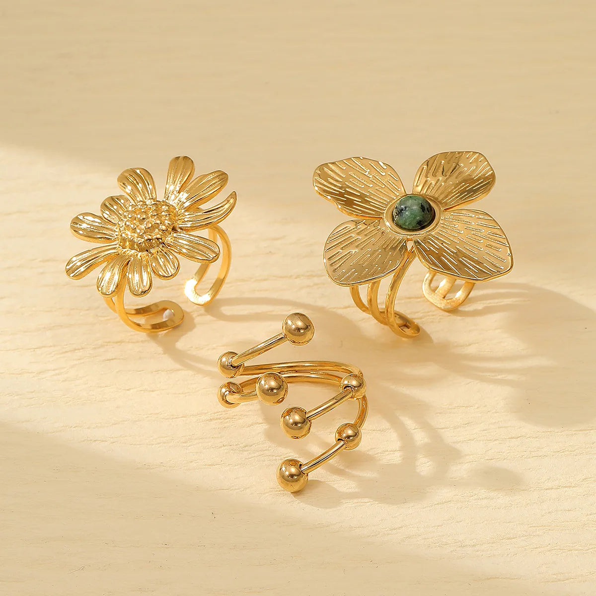 Wholesale Fashion Dainty Stainless Steel Chunky Sun Flower Gift Ring Gemstone Jewelry Design Big Gold Plated for Women Wedding