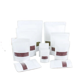 Lowest Price White Kraft Paper Bag with Window Stand up Pouch White Zip Lock Plain Heat Sealable Food Packaging Doypack Pouches
