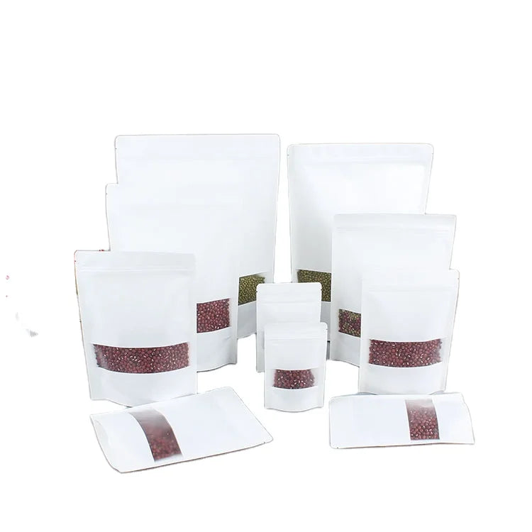Lowest Price White Kraft Paper Bag with Window Stand up Pouch White Zip Lock Plain Heat Sealable Food Packaging Doypack Pouches