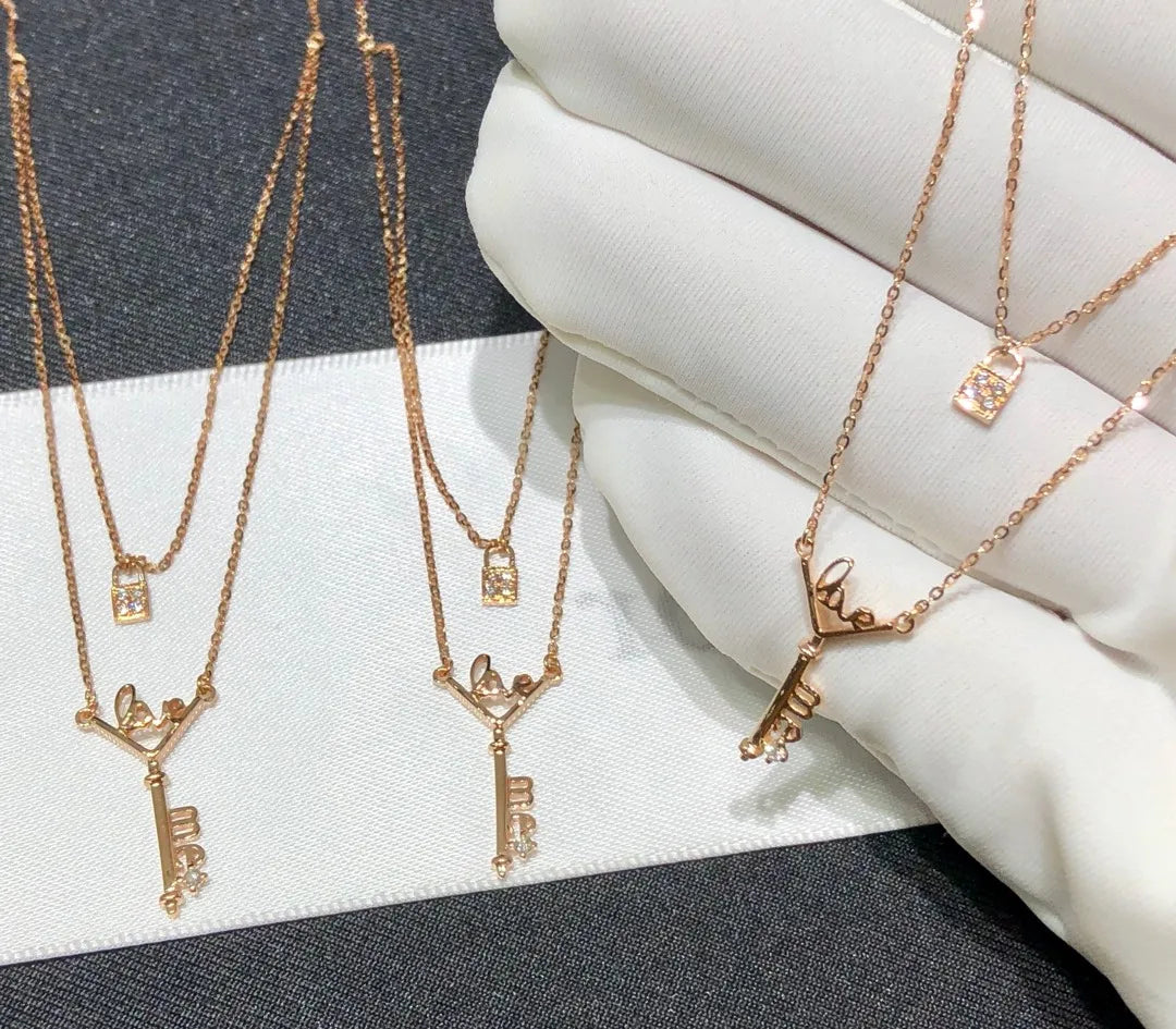 18k Solid Gold Pure Custom Iitial Heart Layered Stack Lock and Key Necklace With Pendant Charm Jewelry With Diamond Pawnable