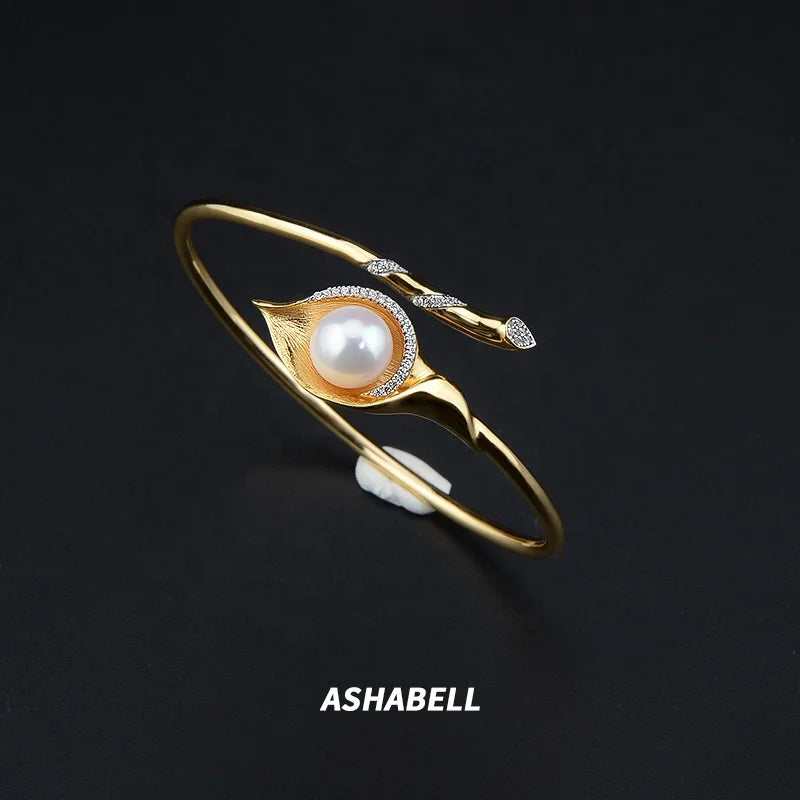 Fashion Trendy 925 Sterling Silver Pearl Bracelet Leaf Shape Bangle Pearl Adjustable Cuff Bangle Bracelet Pearl Gold Bracelet