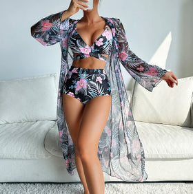 STOCK 5Colors Wrap Top Print Women's 3Pieces Bikini Set Beach Cover Ups Kimono High Waist Swimwear