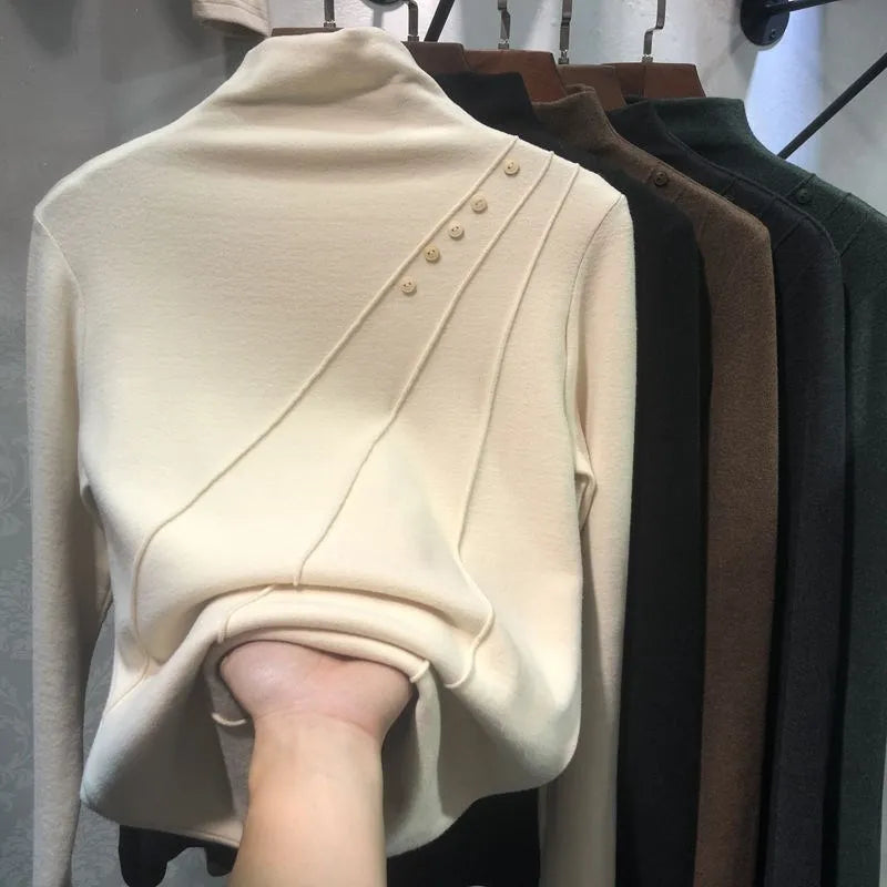 New Autumn Women Long Sleeve Solid Color Turtleneck Slim Shirt Female Double-sided Velvet Thick Warm Blouse Slim Tops Elegant