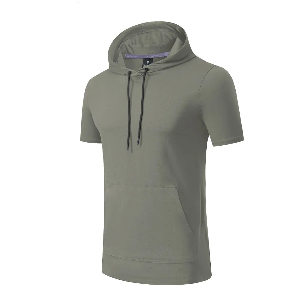 2025 Men's Hooded T-shirt Sports Leisure Quick Dry Short Sleeved Light Fitness Running Boxing Training Clothes