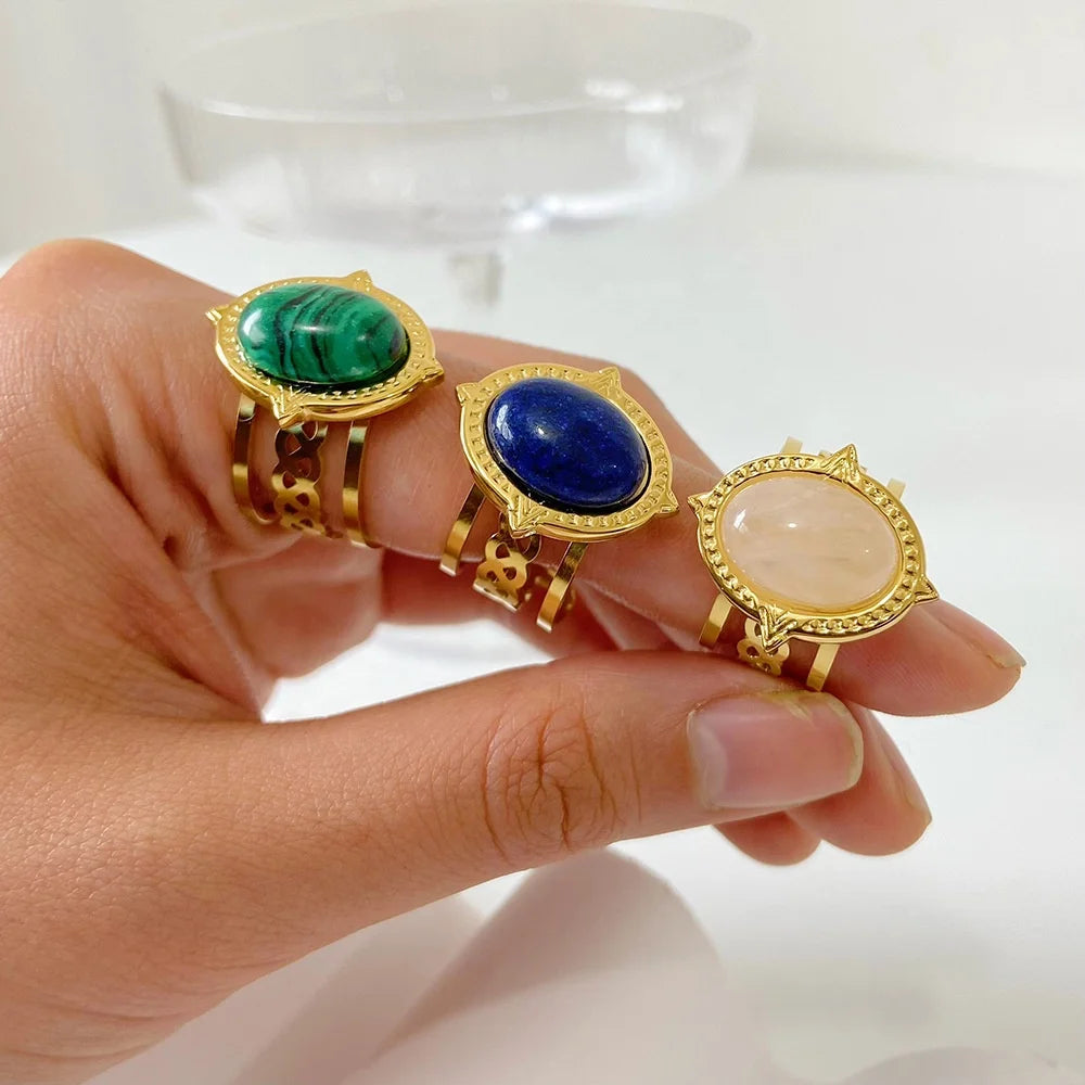 Vintage Adjustable 316 Stainless Steel 18K PVD Gold Plated Unisex Certified Bezel Set Jewelry Rings Natural Stone Turquoise