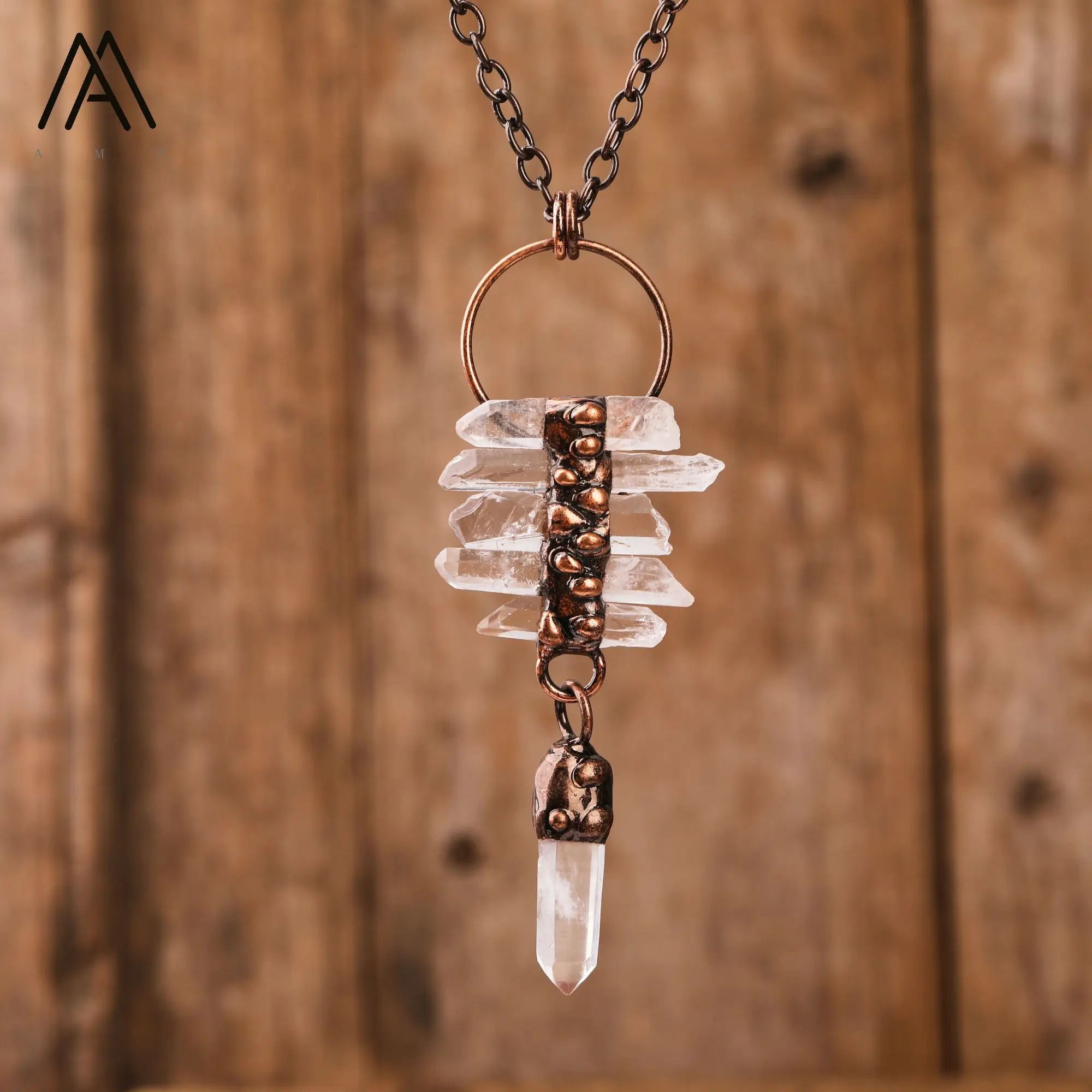 Antique Bronze Chain Moon Pendant Natural Crystal Quartz Vintage Necklace Jewelry Gift for Anniversary Wedding Healing Reiki
