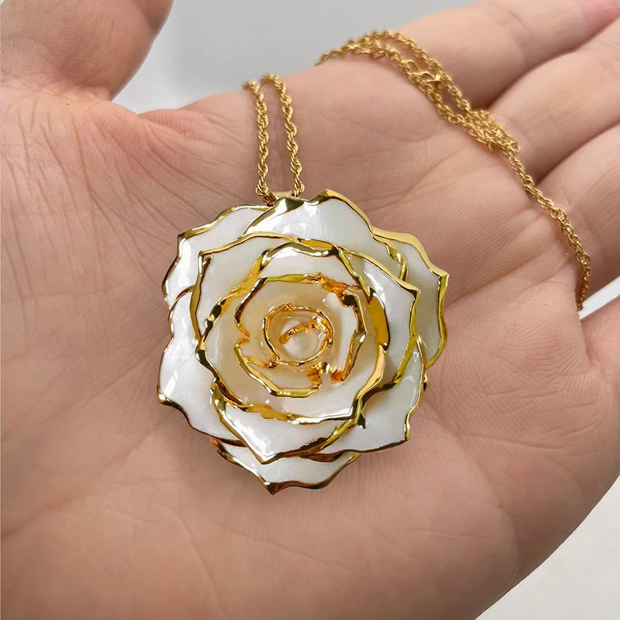 Gold Plated Real Rose Necklace in Pearl White Necklace Handmade Craft Natural Flower Jewelry for Love Gift Wedding