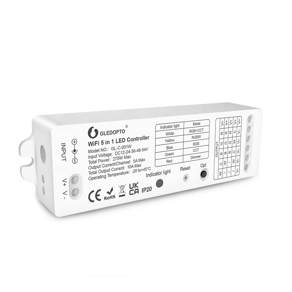 WiFi 5 in 1 LED Strip Controller DC12~54V Max10A Wifi Controller for Single Color CCT RGBW LED Strip Light