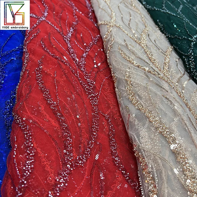 White Materials Luxury Bridal Sequin Embroidery Floral Flower Tulle Net Fabrics Weddings Beaded Fabric Lace