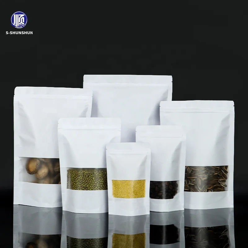 Customizable Biodegradable White Kraft Paper Ziplock Bag Doypack Window Food Packaging for Sugar Sizes Options Kraft Paper Stand