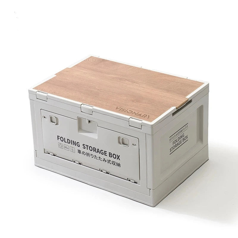 50L Collapsible Rectangle Plastic Storage Box with Wood Lid Outdoor Camping Storage Bins PP Material