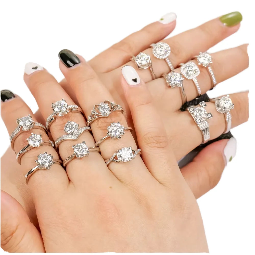 Factory Outlet High Quality 925 Sterling Silver Engagement Wedding 0.5 1 2ct Round Adjustable Diamond Moissanite Ring Set Women