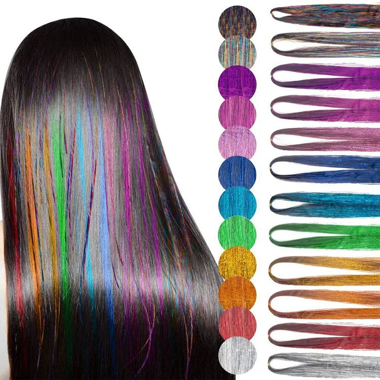 Wholesale Tinsel rainbow Accessories Colorful Gold Glitter Braiding Hair Crochet Silk Hair Tinsel for Hair Extension