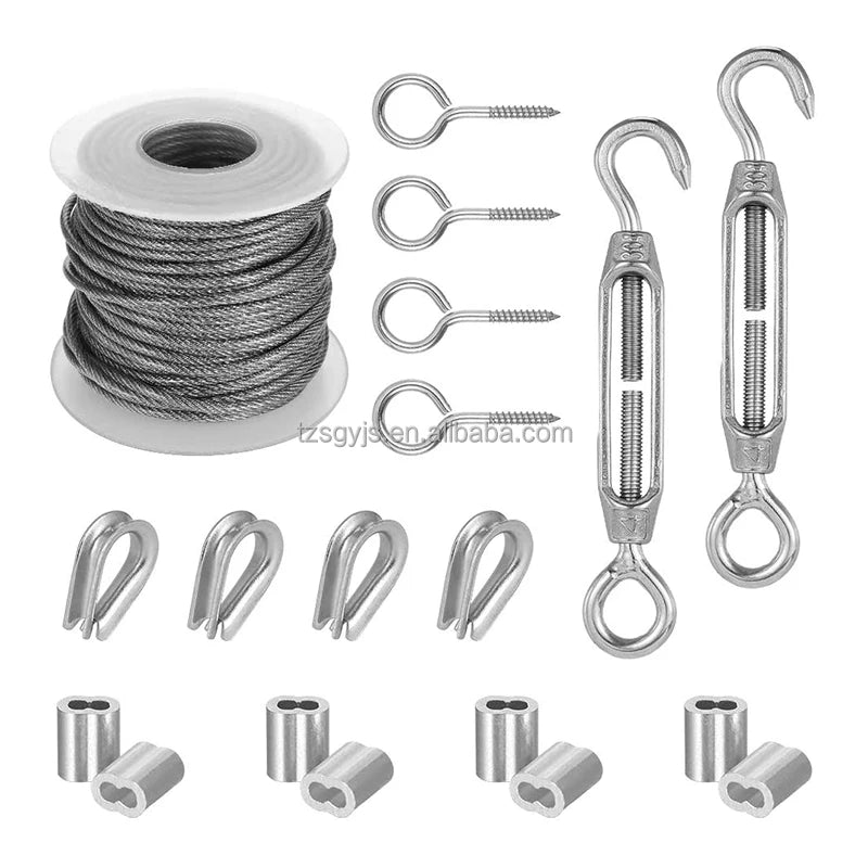 19PCS Garden Wire Cable Railing Kits 15m/50ft PVC Coated Stainless Steel Lag Screw Eye ScrewTurnbuckle Wire Tensioner